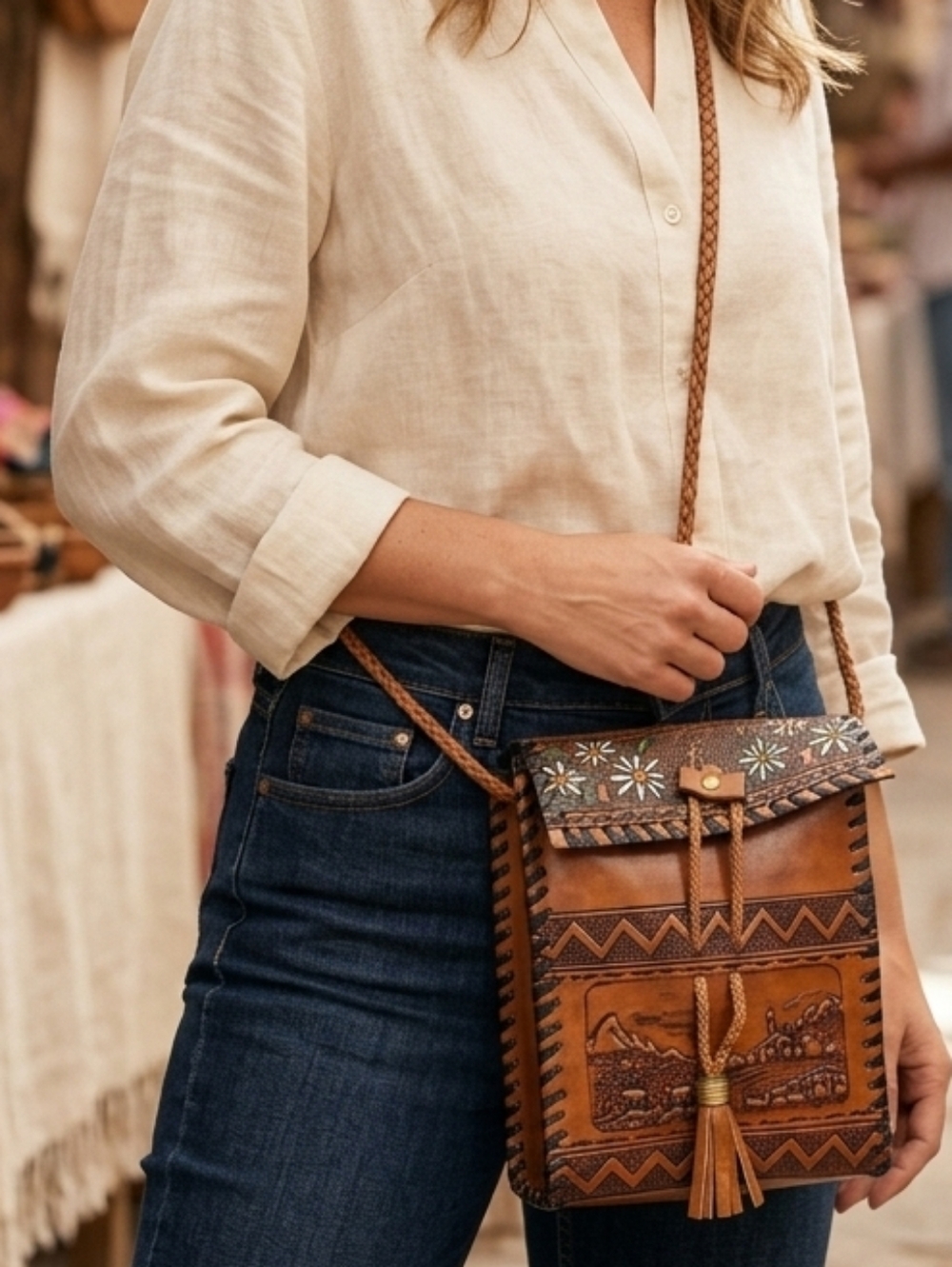 Handcrafted Tan Leather Crossbody Bag with Tassel